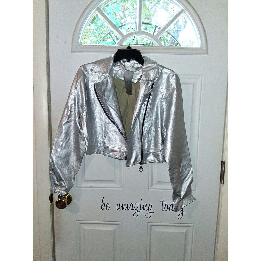 KRISP London Jacket Crop Silver Metallic Faux Leather Moto Small/Medium NWT